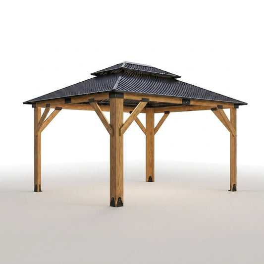 11X13Ft Wood Gazebo, Outdoor Wooden Gazebo with Glavanized Steel Double Roof, Hardtop Gazebos for Garden, Patio, Deck, Backyard — Studio Shot