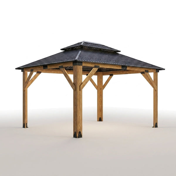 11X13Ft Wood Gazebo, Outdoor Wooden Gazebo with Glavanized Steel Double Roof, Hardtop Gazebos for Garden, Patio, Deck, Backyard — Studio Shot