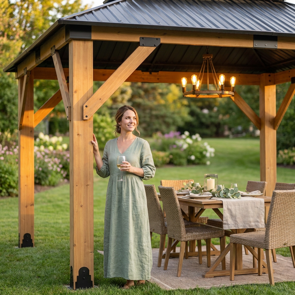 Wood Gazebo Built for Outdoor Living, 11x13 Ft Cedar Frame, Galvanized Steel Double Roof, Spacious Rectangular