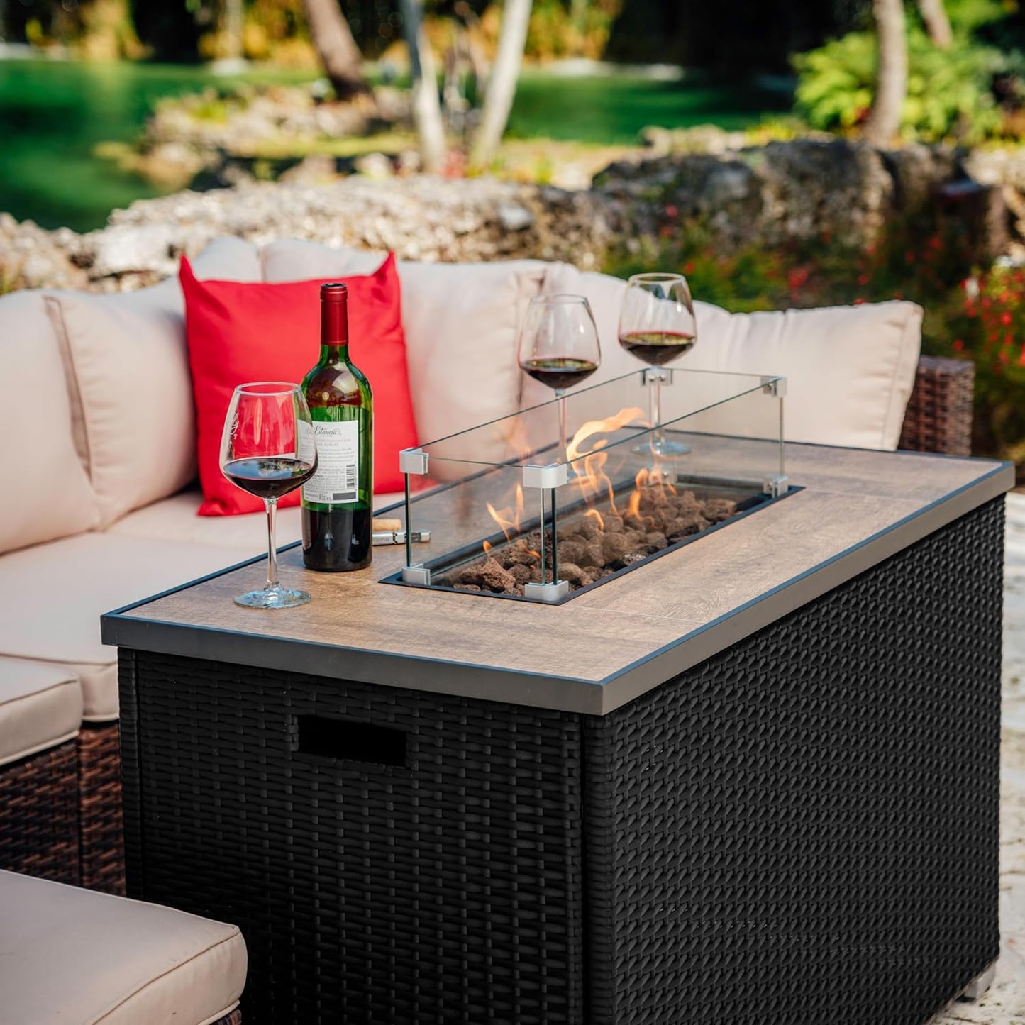 43 Inch Fire Pit for Outdoor - 50,000 BTU Outdoor Propane Fire Pit Table with Lid, Rain Cover & Lava Rocks - Patio Fire Pit Table with Tempered Glass for Backyard Gatherings - Black